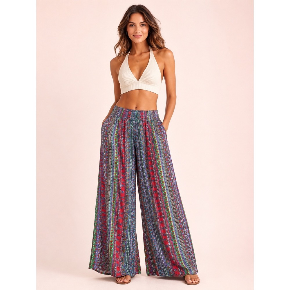 Vintage Wide Leg Boho Paisley Viscose Mira Palazzo Pants Red Multi Free Size
